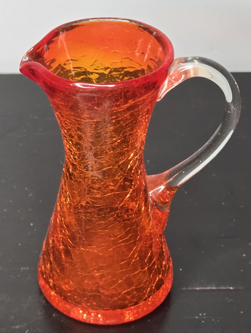 Vintage MCM Tangerine Orange Crackle Glass Mini 4" Hand Blown Pitcher